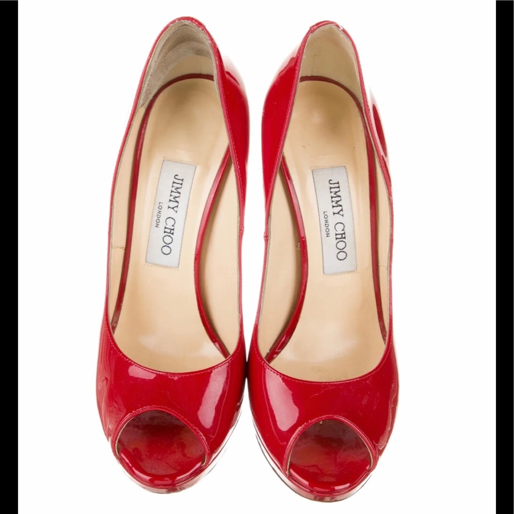 Jimmy Choo Red Patent Leather Luna Peep Toe Sz40